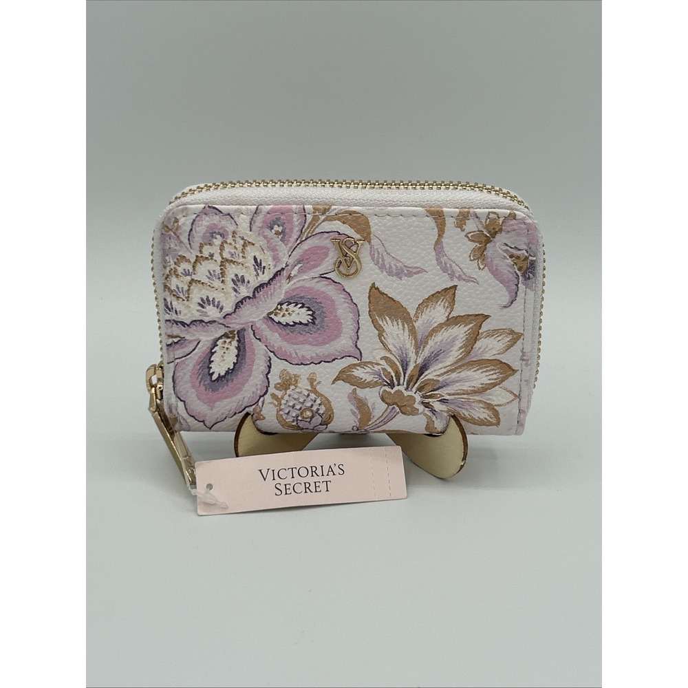 Victoria's Secret Small Wallet Zip Around Gold VS Logo Lavender Floral NWT